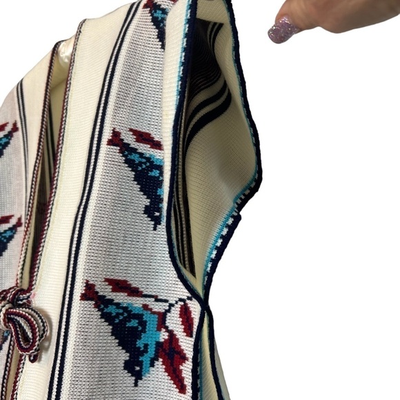 Retro 60’s 70’s Rare Bluebird Boho Rug Western Poncho w/ Fringe Hem & Tie Front - Picture 5 of 16
